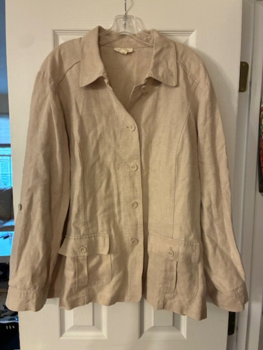 Charter Club Women Sz 3X 100% Linen Light Khaki Button Tab Sleeve Casual Jacket